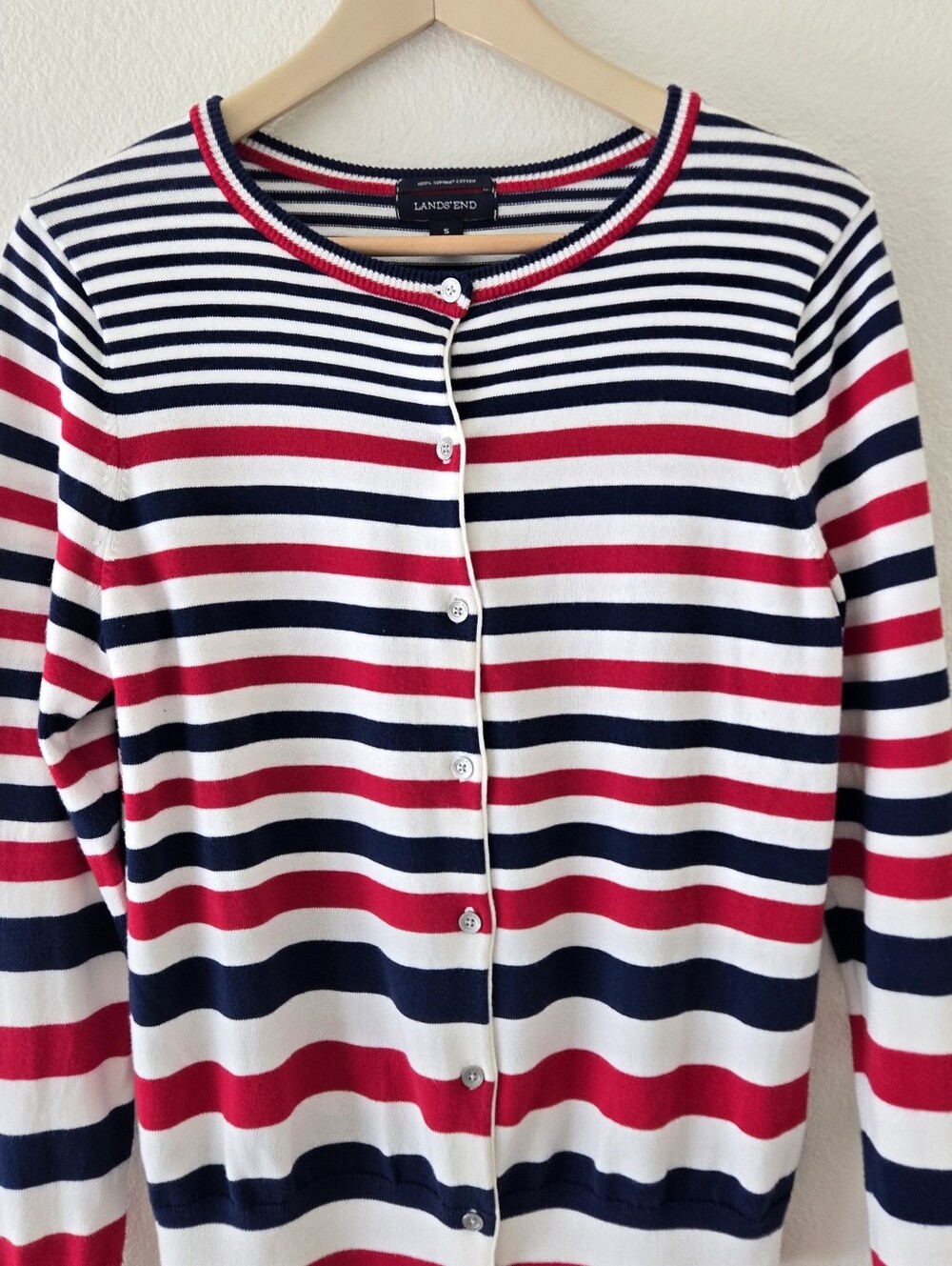Lands' End Women's 6-8/ Small 100% Supima Cotton Red White Blue Stripe Cardigan - Picture 6 of 15